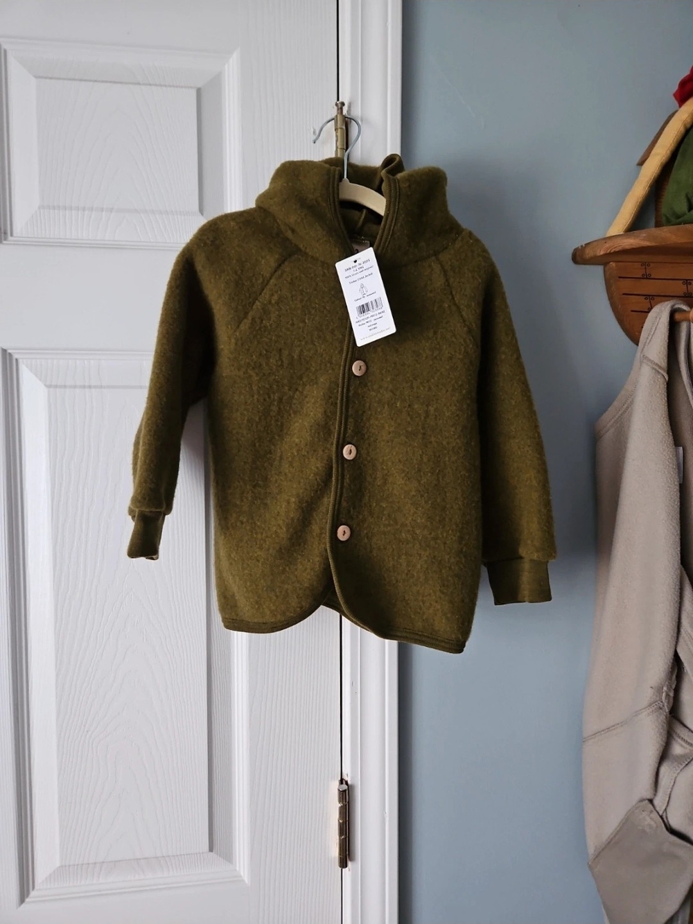 Kids Olive Green Wool Hooded Jacket -